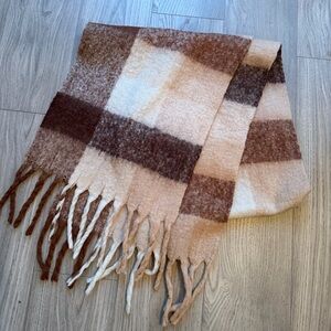Plaid Fringe Scarf in Brown and Cream
